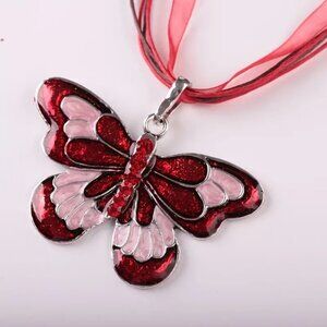 Red Butterfly Inlaid Zircon Pendant Ribbon Charm Necklace